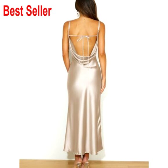 Satin Spaghetti Strap Cowl Neck Backless Midi Dress Ruched Cocktail - Picture 2 of 5